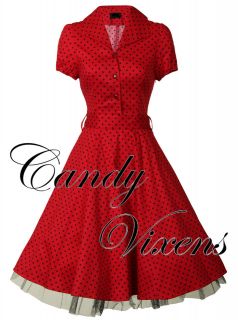 PIN UP VTG 40S 50S RED ROCKABILLY PROM PARTY POLKA DOT SWING DRESS 
