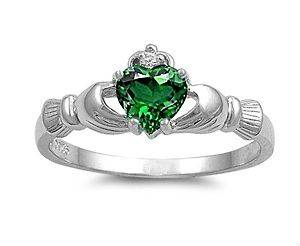 Emerald Green Heart Claddagh Sterling Silver Ring   9mm   Sizes 4  10