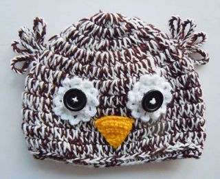 Custom Crochet Owl Baby boy Hat Button Beanie Photo Prop Newborn Brown 