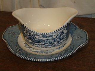 VINTAGE CURRIER & IVES ROYAL CHINA,BLUE/WHITE PATTERN, ,GRAVY BOAT AND 
