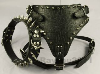   New Spiked&Studded Leather Dog Harness&Collar SET for Pit Bull Mastiff