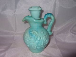 Vintage Avon Blue Milk Glass Pitcher Vase Bottle Victorian Roses