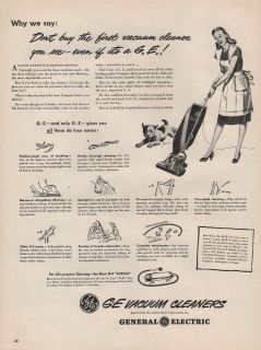 1946 VINTAGE WHY WE SAY GENERAL ELECTRIC VACUUM CLEANERS PRINT AD