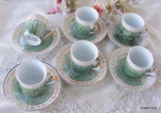 Childrens Set of 6 Tea Cups and Saucers Green Porcelain Sets Party