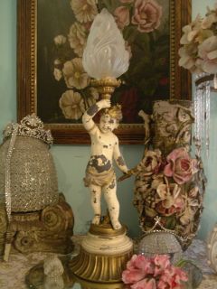 Vintage Cherub Figurine Lamp Chippy Paint French Style Chic