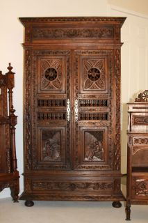 Brittany Antique French Armoire Wardrobe Breton Carved Double Door 