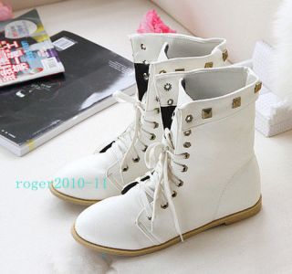 2012 New Womens Flat Heel Ankle Boots Knight Shoes Lace Up Rivet US 