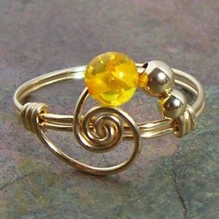 Amber Gemstone Spiral Bead Ring in 14k Gold Filled or Sterling Silver