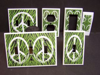 PEACE SIGN ON LIME GREEN ZEBRA PRINT LIGHT SWITCH COVER PLATE OR 