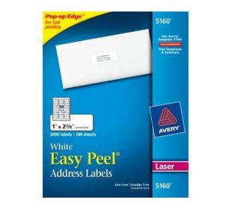 Avery White Easy Peel Address Labels #5160, 3000 Labels, Jam/Smudge 