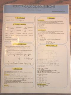 2008,2011 NEC National Electrical Code Book Formula Sheet