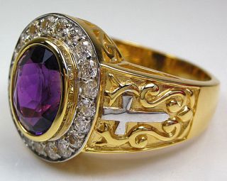 AMETHYST YELLOW GOLD CHRISTIAN BISHOP SILVER RING NEW