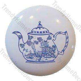 Antique Blue willow teapot Ceramic Knobs Pulls Kitchen Drawer Dresser 