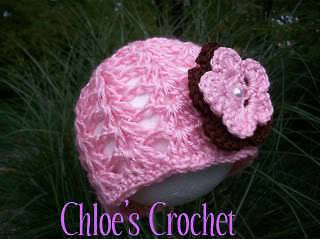 CHLOES Crochet Boutique Baby Girl Beanie Hat PINK BROWN Flower 