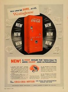   Coca Cola Cooler Dispenser Machine Westinghouse   ORIGINAL ADVERTISING