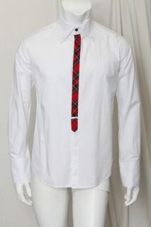   D2 Mens White Button Down Dress Shirt+Red Tartan Plaid Accent 42/52