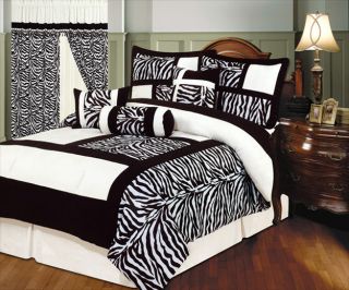 7pc bed in a bag comforter set zebra print black white squares QUEEN 