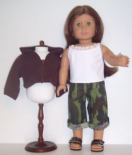   FITS AMERICAN GIRL CAMO CAPRIS,WHITE CAMISOLE,& BROWN HOODED JACKET