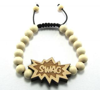 Wooden SWAG Piece Charm Bracelet with 10mm Beads Good Wood Shamballa 