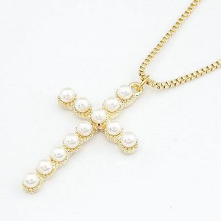Retro vintage necklace fashion jewelry Golden Cross pearls pendant 