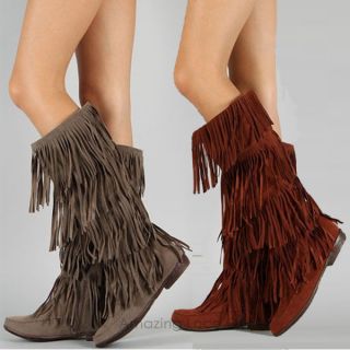 Womens Fringe Boots Tall Tassle Moccasin Faux Suede Brown Black Blue 