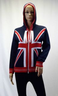   GREAT BRITAIN LADIES NAVY UNION JACK HOODED KNIT JUMPER TOP WITH ZIP