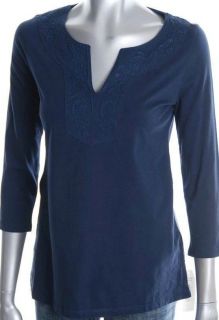 Charter Club 3/4 Sleeve 100% Cotton Knit Top Shirt Navy Blue NWT