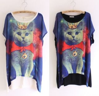 Unisex galaxy cat space print graphic T shirt punk short sleeve tops