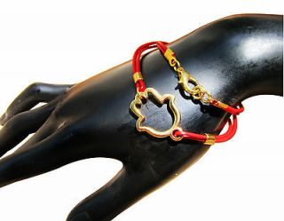 Gold Hamsa red leather wrap bracelet   Kabbalah Judaica charm good 