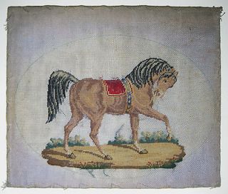 1870 Antique Victorian Needlepoint Tapestry Show Horse Red Saddle
