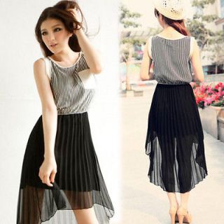   Striped Top Sleeveless Asymmetric Hem High low Long Dress Women