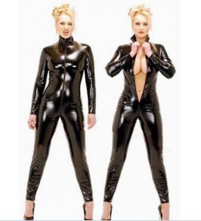Womans Cat Suit Black Pleather Vinyl Plastic Woman Bodysuit Cosplay 
