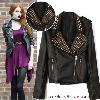 Embellished Metallic Studs Spikes Notched Lapel Faux Leather Biker 