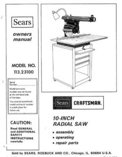 Craftsman Radial Arm Saw Manual Many Models Avail