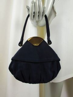   40s Navy Blue Grosgrain Evening Handbag Purse w Art Deco Brass Detail
