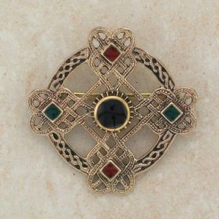  Weave Bronze Irish Brooch w/ Carnelian, Onyx and Green Agate Stones