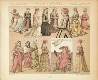 Italy Costumes Italian Women c.1888 Racinet antique color lithographed 