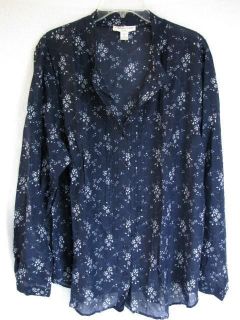Coldwater Creek Silk Blend Navy Voile Banded Collar Tunic