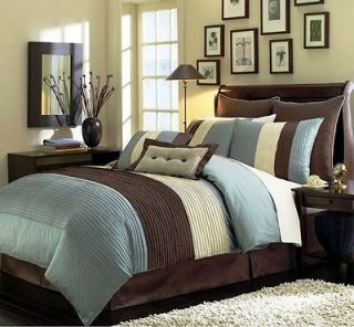 8pcs Modern Blue Brown Beige Comforter (90x92) Bed in a bag Set 