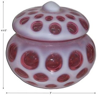 Fenton #91 Cranberry Opal Coin Dot Candy Jar and Lid