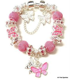 Pink Butterfly Crystal Bead Child Girls Kids European Charm Bracelet