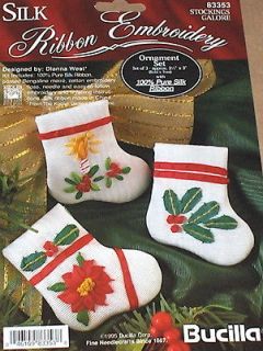 Bucilla Xmas Stocking Ornaments (3) Silk Ribbon Embroidery Kit