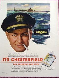 VINTAGE PATRIOTIC WWII 1943 CHESTERFIELD CIGARETTES AD