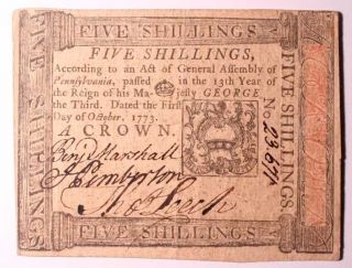 COLONIAL PENNSYLVANIA OCTOBER 1, 1773 VF FIVE SHILLING Bold Printing