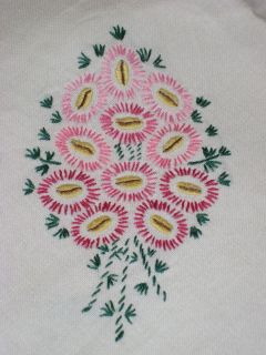   LARGE WHITE LINEN PINK FLORAL EMBROIDERY TABLECLOTH 65 x 46 VGC