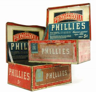 Antique PHILLIES Cigar BOXES / TINS Lot of 2 c.1940s PERFECTO 5 Cents 