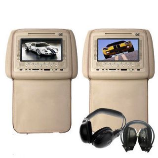 Pair Headphones+Two 7 Car Pillow Headrest DVD Players Wireless Game
