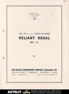 1957 Reliant Regal Mk III 750 3 Wheel Microcar Brochure