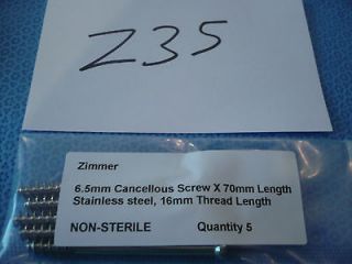 Zimmer 6.5mm x 70mm Cancellous, 16mm Thread, Hex Head, Stainless 