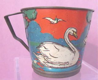 Rare Vintage Victorian Child Tin RATTLE Cup Toy Swans Duck Embossed